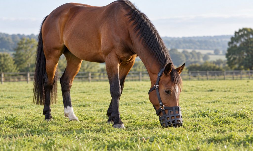 A calm bay horse wearing a fitted grazing muzzle while standing in a pasture