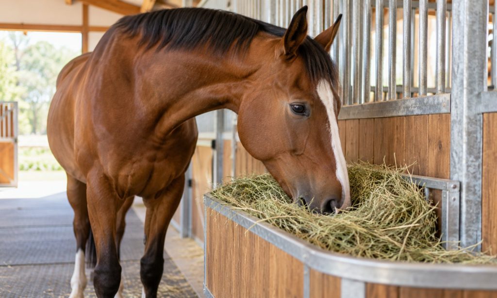 Horse eating hay from a clean feeder in a stable