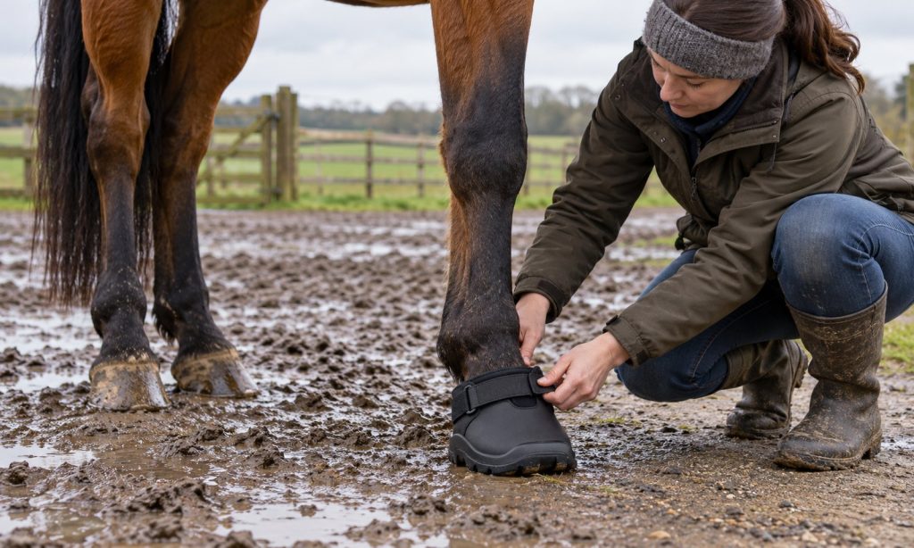 Horse owner checks the fit and closure of a plain hoof boot beside a muddy paddock
