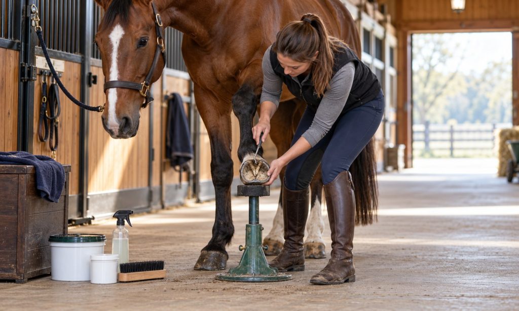 Owner cleaning a horse hoof during routine care