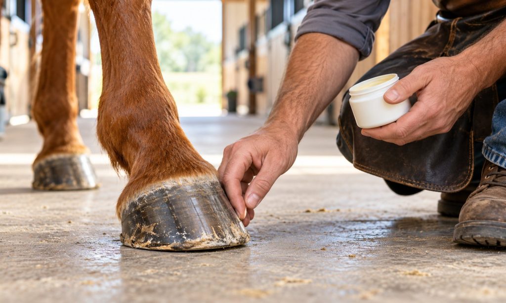 Farrier inspects a horse hoof while holding a plain hoof conditioner jar