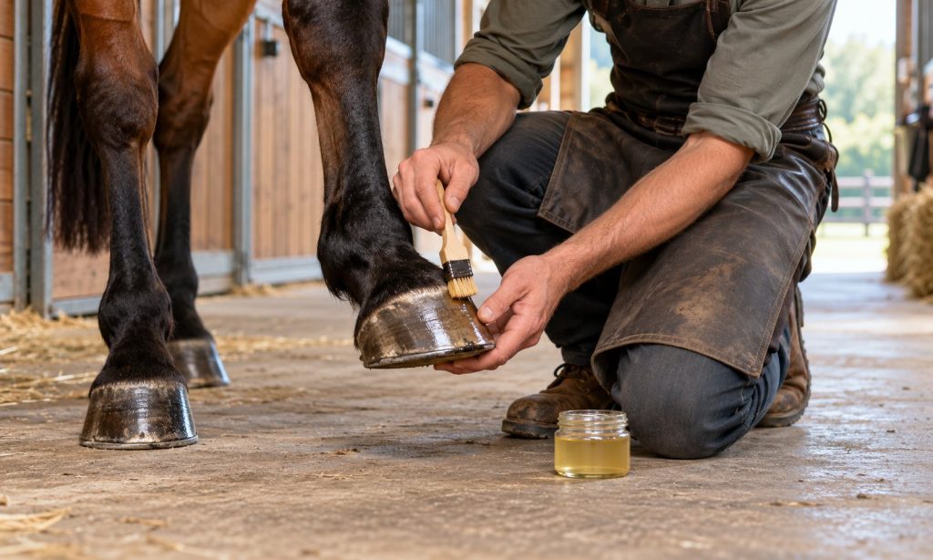Farrier applies hoof oil with a brush to a horse hoof in a clean stable