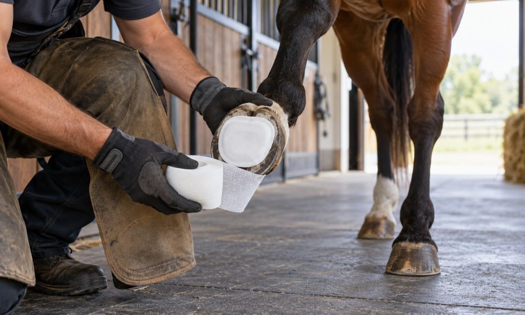 Farrier wraps a horse hoof with a clean poultice pad and protective bandage
