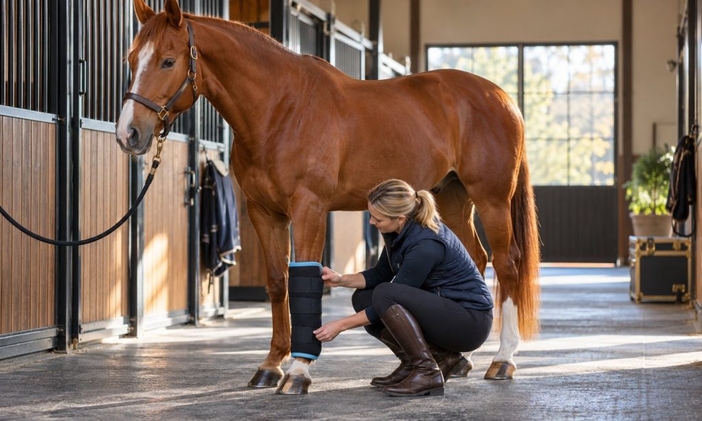 A handler checks a reusable cooling wrap on a calm horse in a clean stable