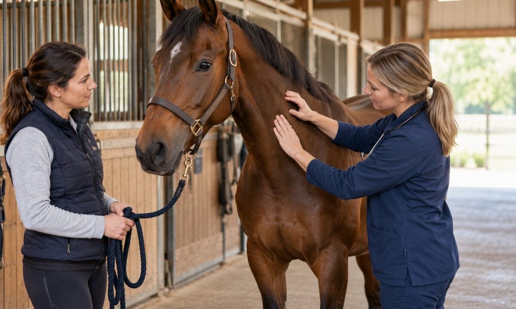 A veterinarian examines a horse's coat while its owner listens