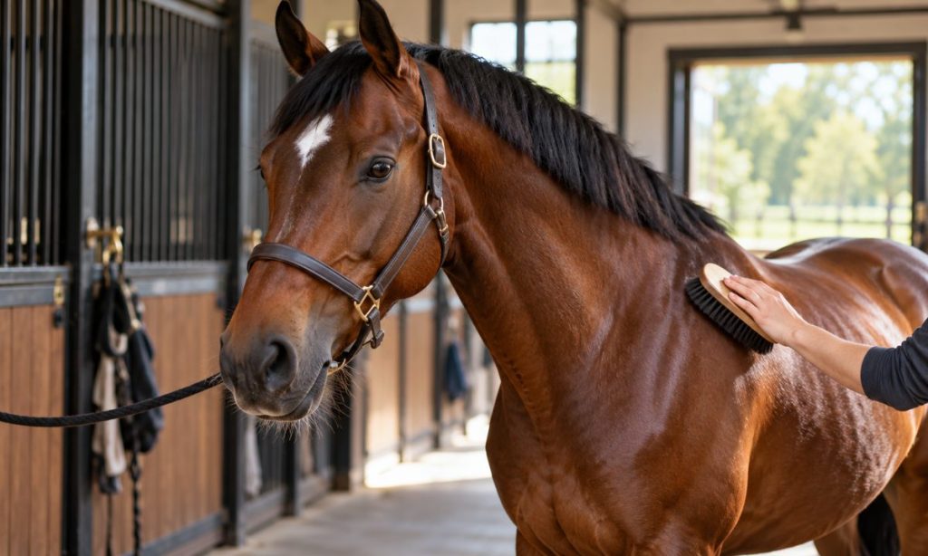 Mature bay horse in a clean stable aisle