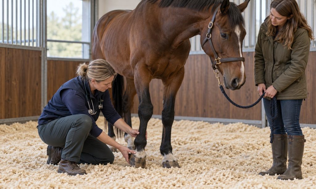 Veterinarian assessing a horse's stance and front hooves