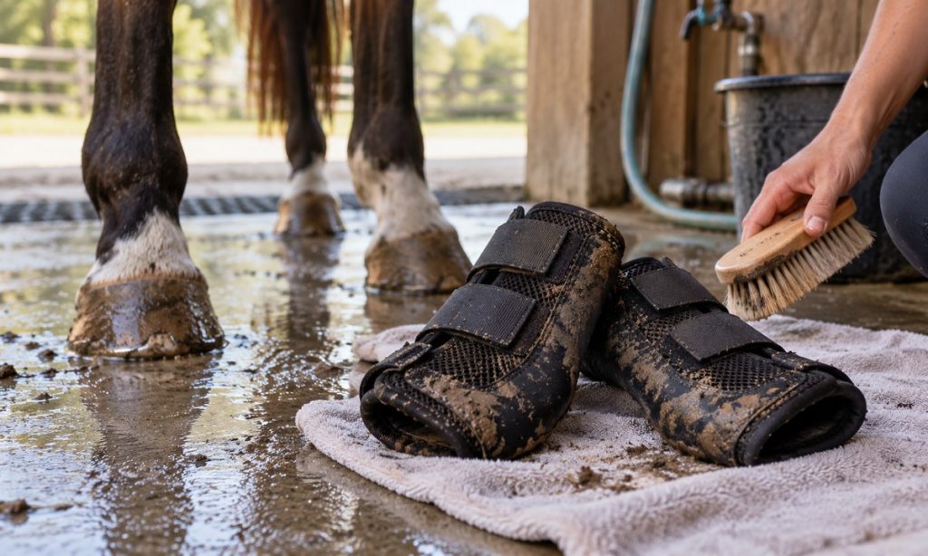 Two protective horse leg boots are brushed clean after a muddy trail ride