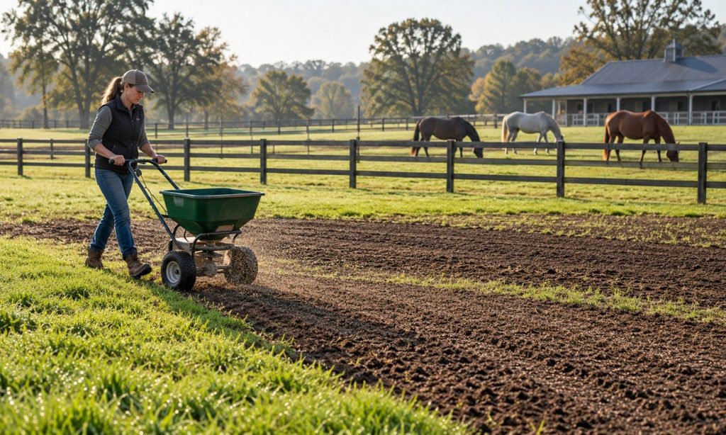 Pasture being overseeded beside a fenced horse paddock