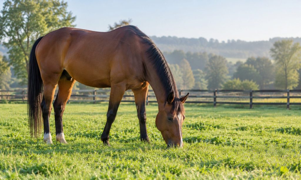 Bay horse grazing in a green paddock in soft natural light