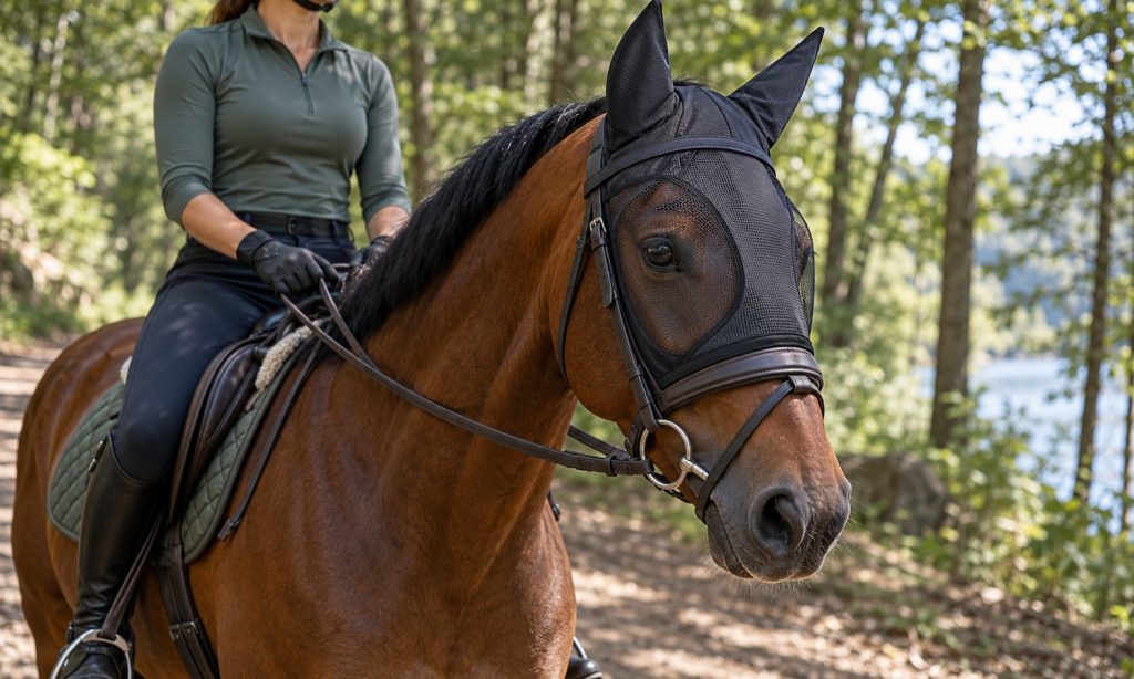 Bay horse in bridle wearing a riding fly mask on a shaded trail