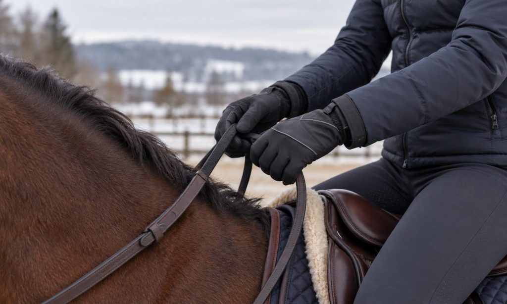 Rider wearing close-fitting winter gloves while holding reins