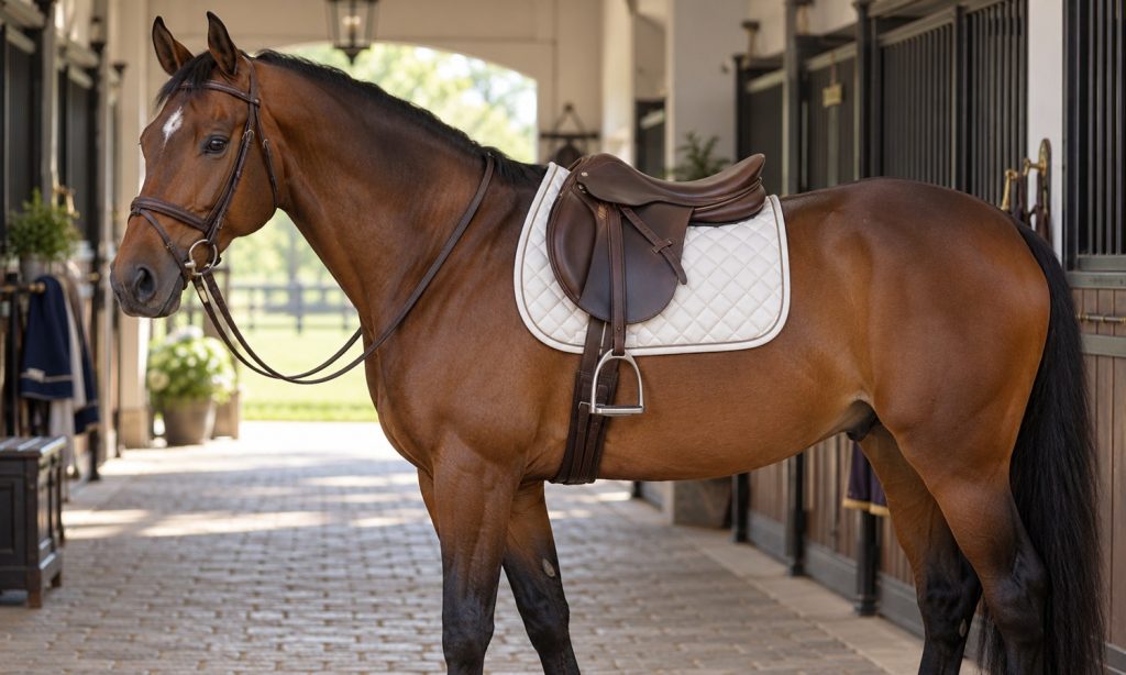 A bay horse wearing a quilted saddle pad under an English saddle in a stable