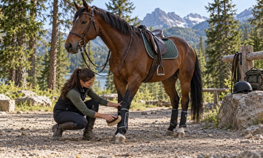 Rider checks a trail horse’s legs before riding