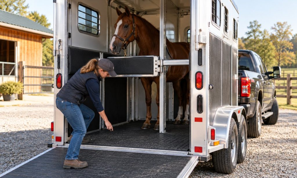 Handler checks a trailer latch with a calm horse secured inside and tow vehicle attached