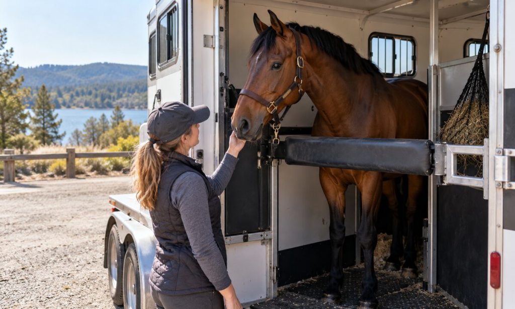 A handler checks a calm horse inside a stationary trailer at a rest stop
