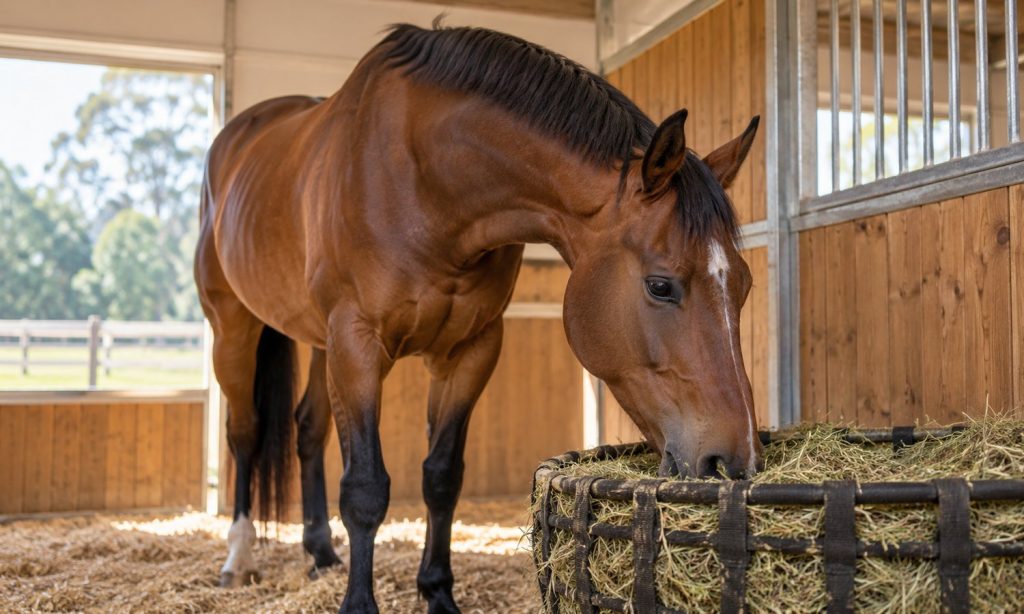 A bay horse eating hay in a clean stable while its owner considers gastric health support