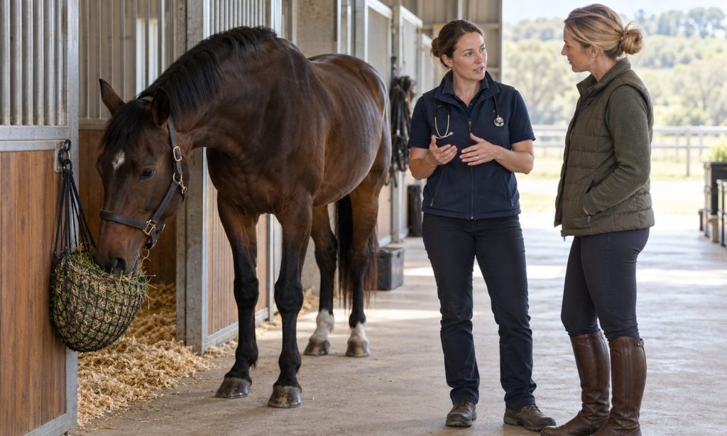 A horse eats forage in a clean stable while its owner consults a veterinarian.