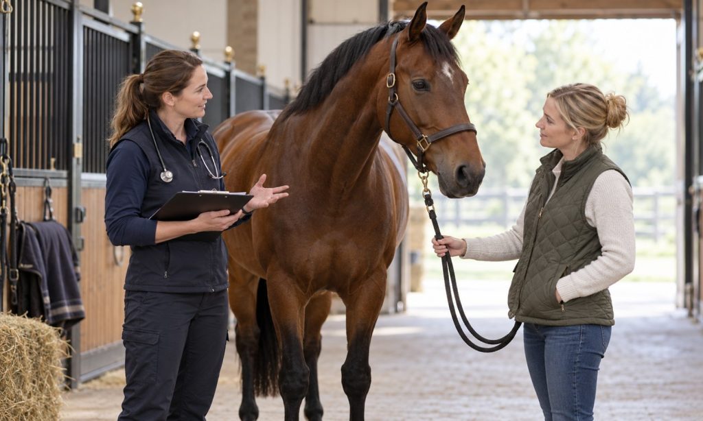 Veterinarian reviewing a horse’s health with the owner in a barn