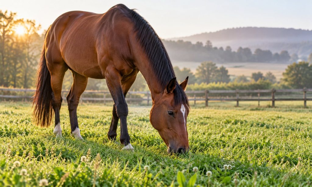 A bay horse grazing on green pasture in morning light