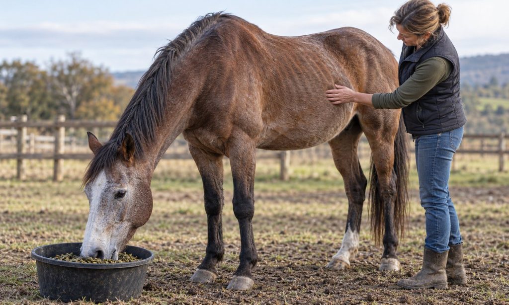 An owner checks an older horse's body condition near a bucket of soaked forage.