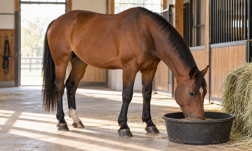 Mature horse eating measured feed from a plain tub in a barn