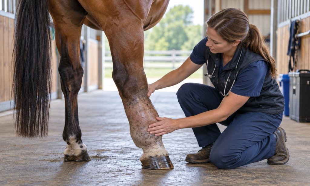 Equine veterinarian examining a swollen lower leg on a horse