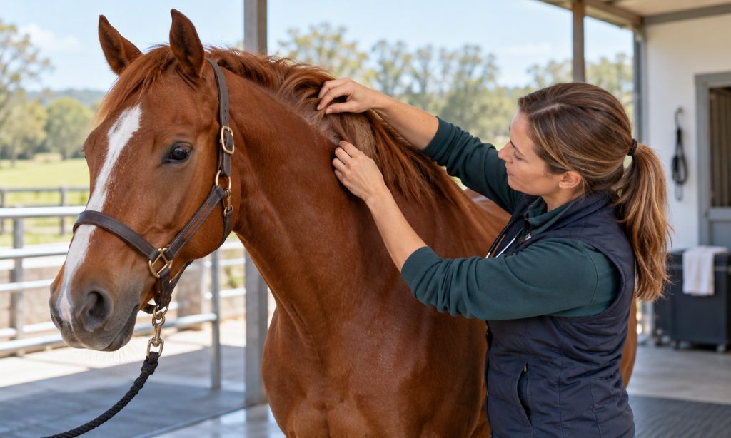 Veterinarian parting a horse’s mane to examine the skin