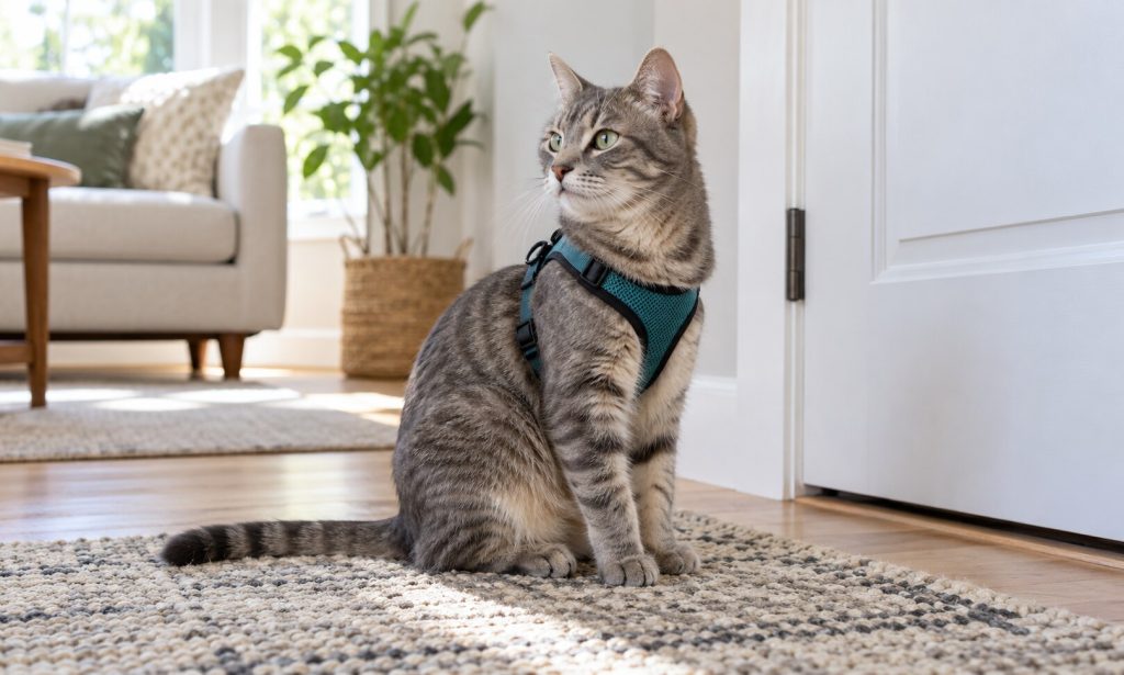 Calm tabby cat wearing a lightweight harness during supervised indoor training