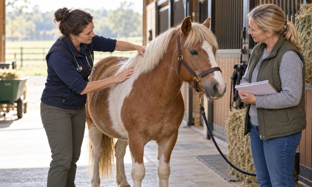 Veterinarian assessing a horse and reviewing feeding notes with the owner
