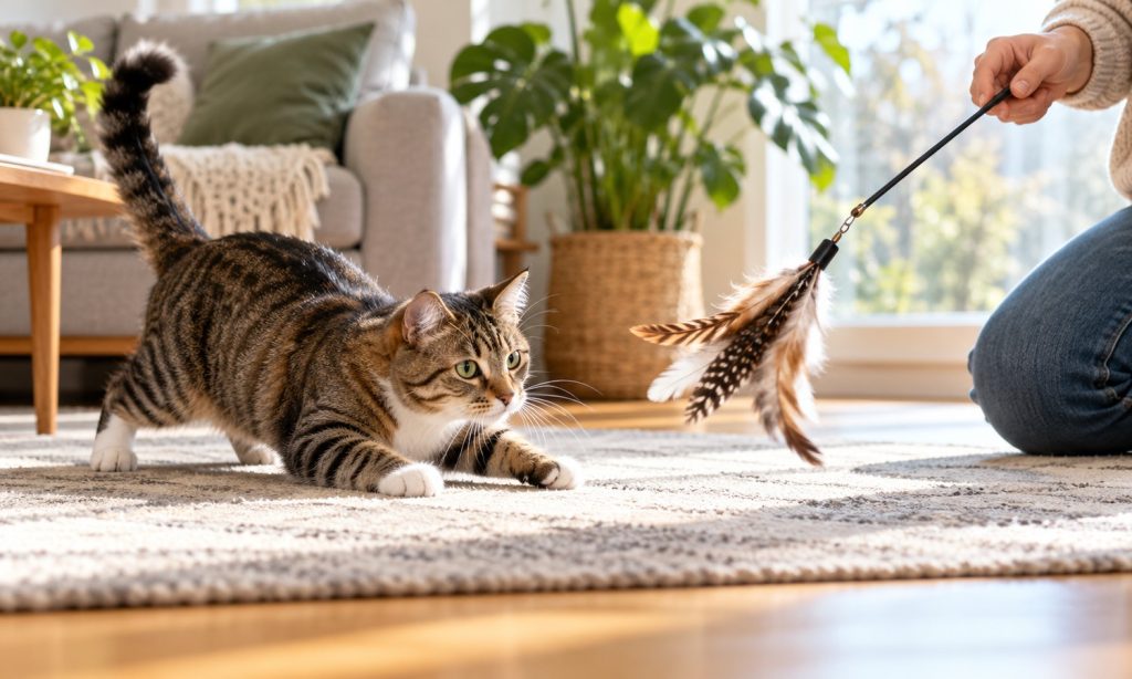 Indoor tabby cat stalking a feather wand toy during play with its caregiver