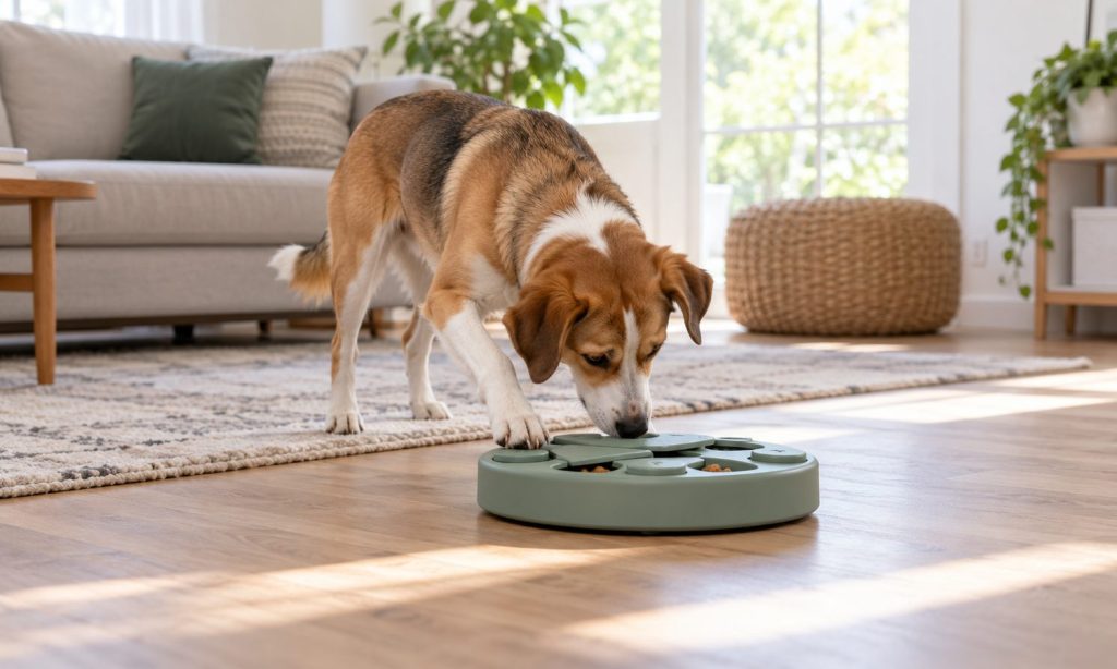 A dog calmly noses an intact food puzzle toy on the floor in a bright living room