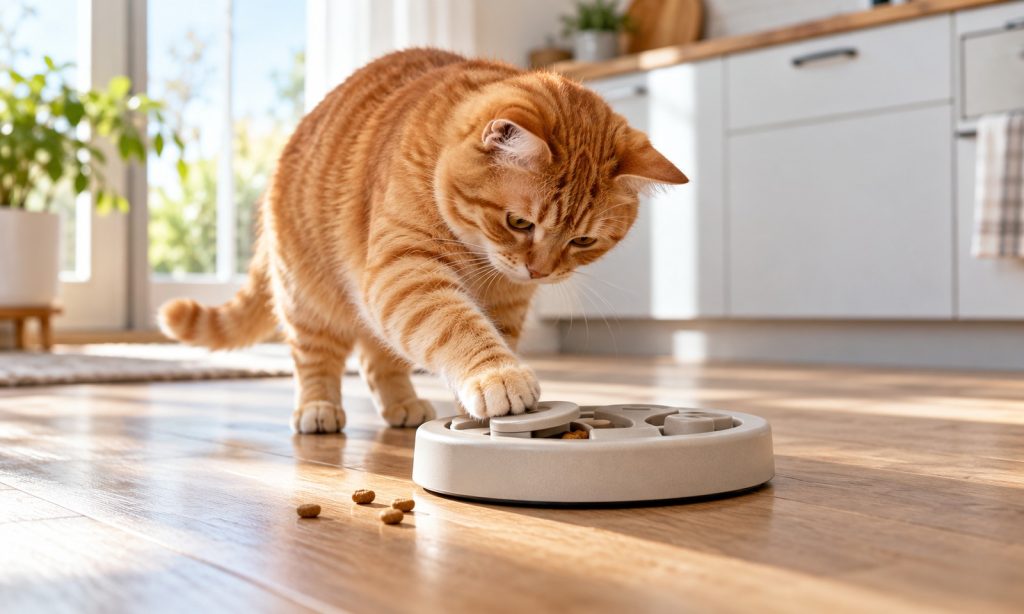 Orange tabby using a food puzzle feeder in a sunlit kitchen.