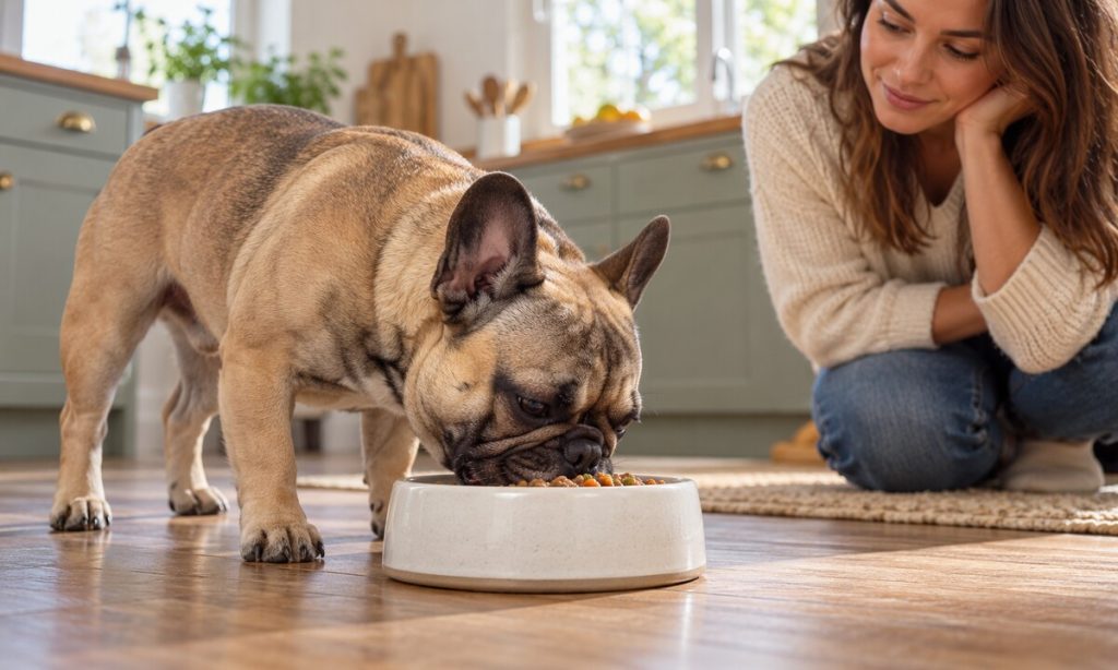 French Bulldog eating a measured meal while its owner observes during a food transition.