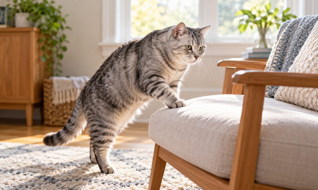 Senior cat stepping onto a cushioned chair in a bright home, illustrating everyday mobility support.