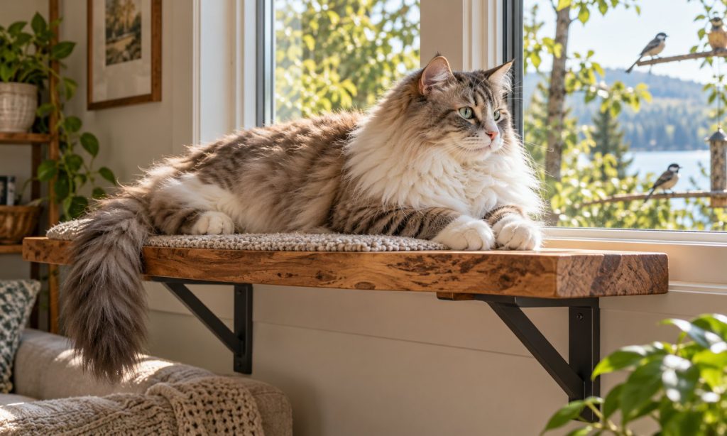Large cat lounging on a sturdy window perch in a sunlit home