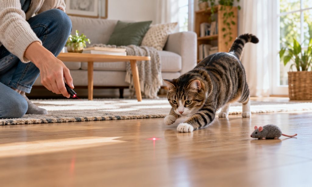 Indoor cat following a laser dot across the floor while a caregiver keeps the beam low and a toy mouse is nearby