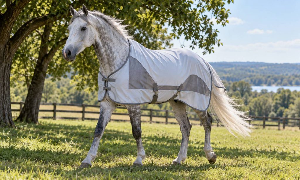 Dapple gray horse wearing a lightweight summer sheet with mesh panels