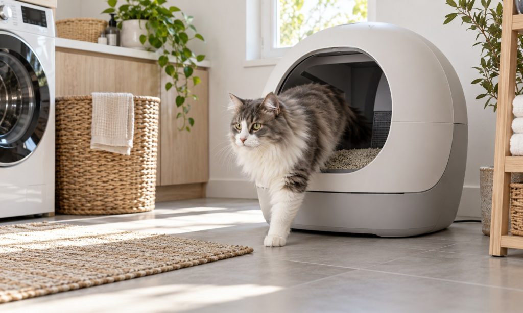 A gray-and-white cat steps from an automatic litter box in a clean home