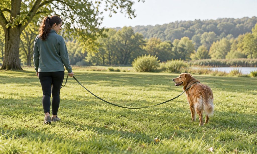 A handler holds a slack long line as a dog explores a grassy park and looks back
