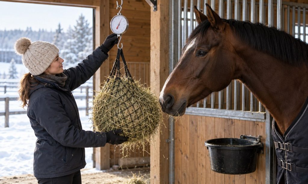 Owner weighing a hay portion beside a horse in winter