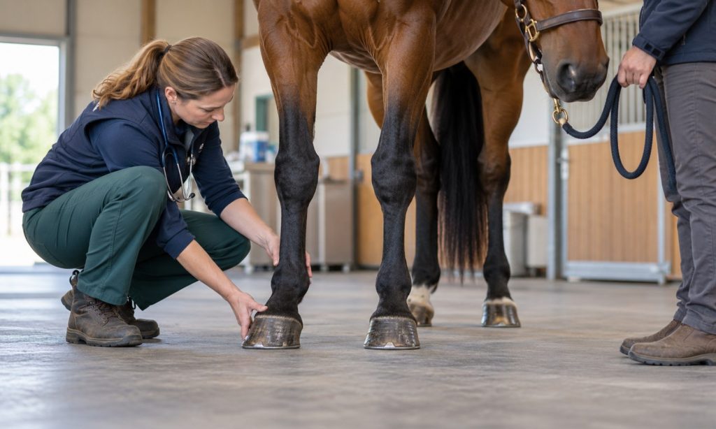Veterinarian assessing a horse’s front hoof and stance