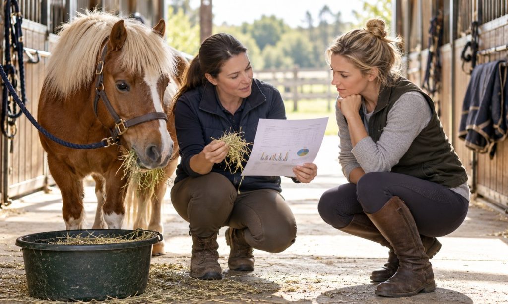 Equine nutritionist and owner review a hay sample and analysis beside a horse