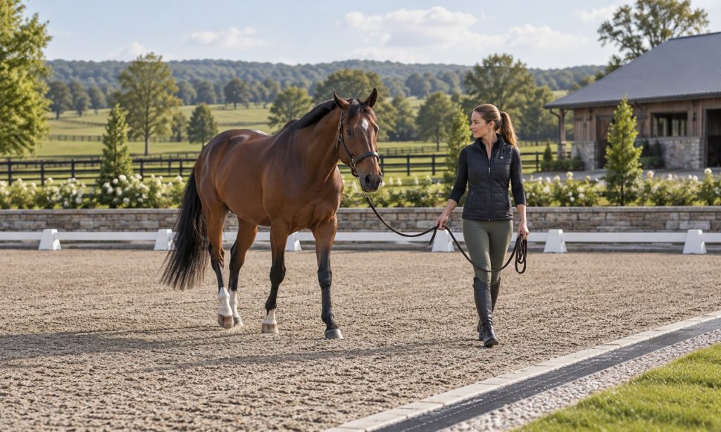 Horse and handler on a level groomed outdoor arena surface