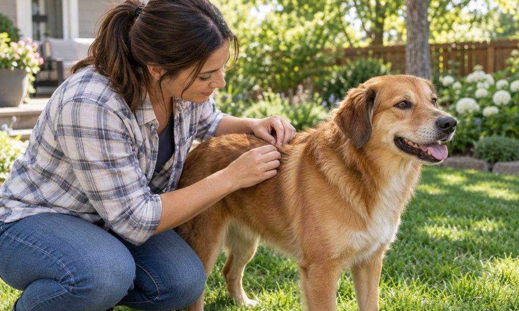 Owner gently checks a healthy dog’s coat outdoors
