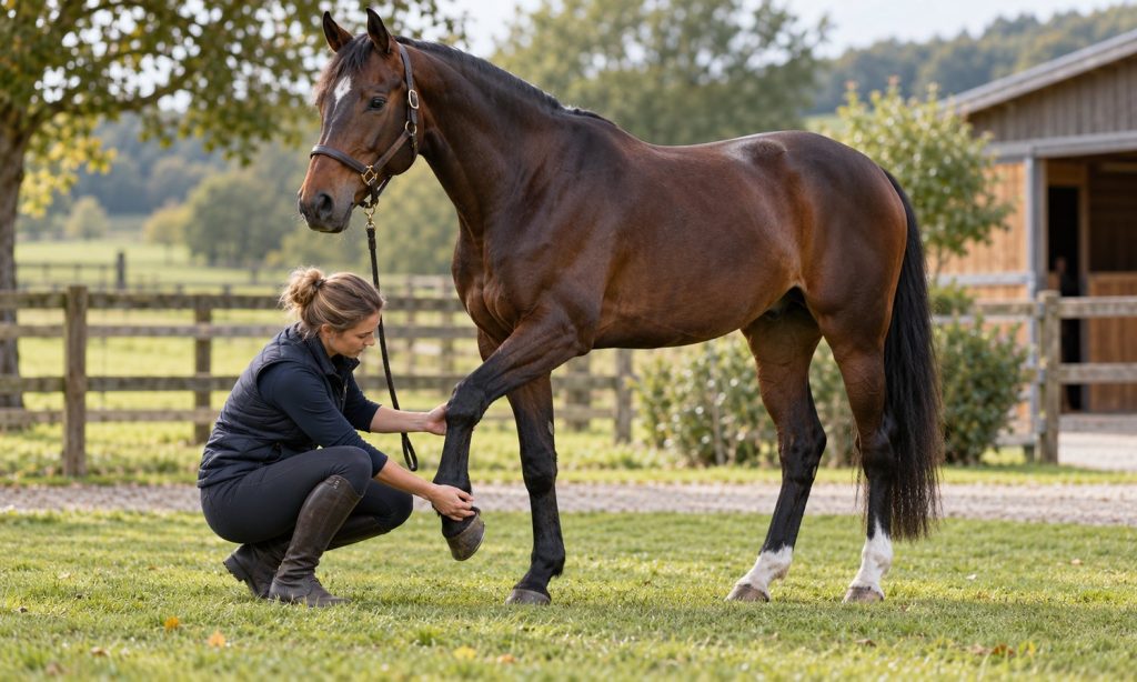 A handler checks a performance horse's front leg after exercise.