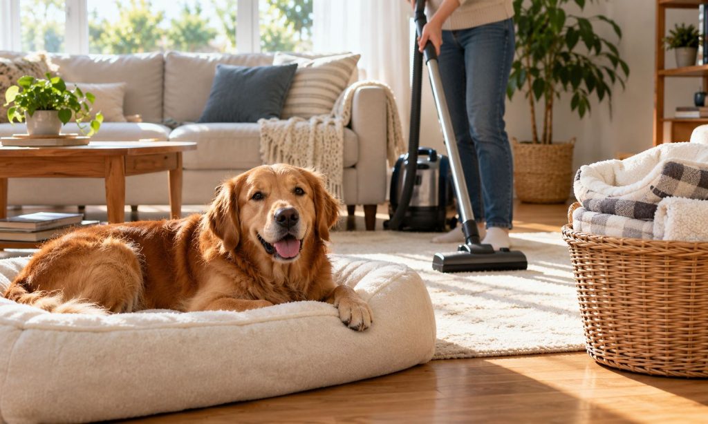A pet owner cleans a home while a dog rests nearby