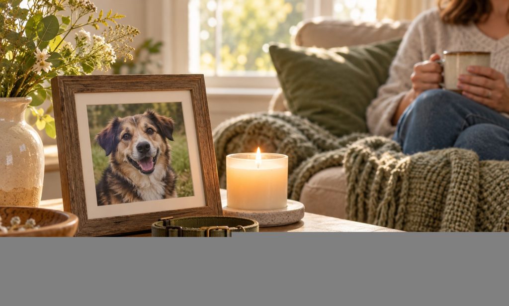 Framed dog photo, collar, and candle in a quiet home