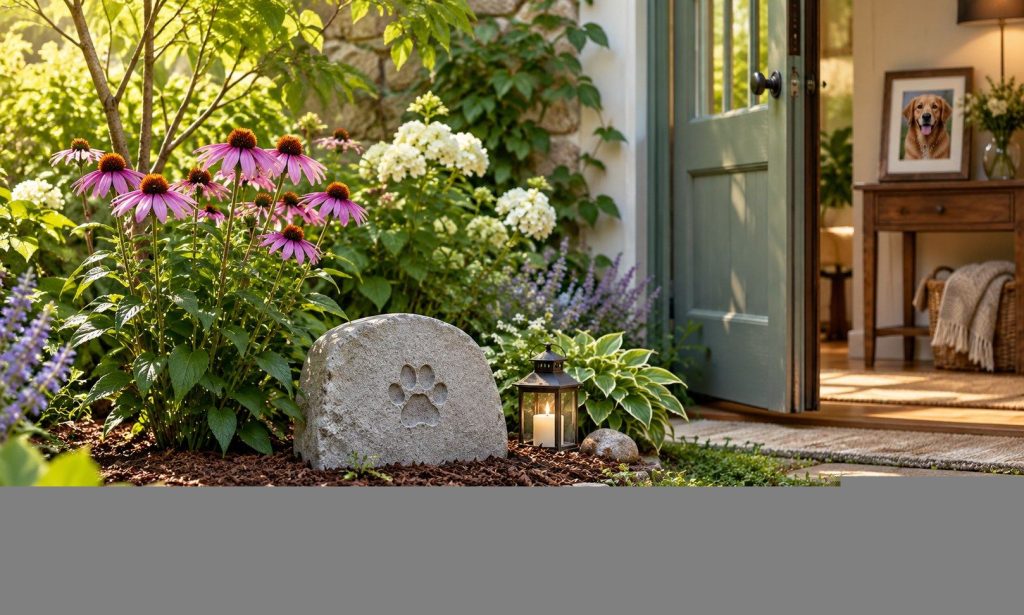 Garden memorial stone and flowers with a pet portrait indoors