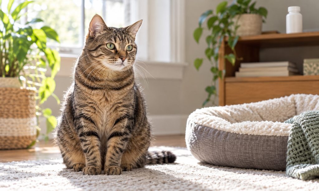 Tabby cat near safely stored veterinary medicine